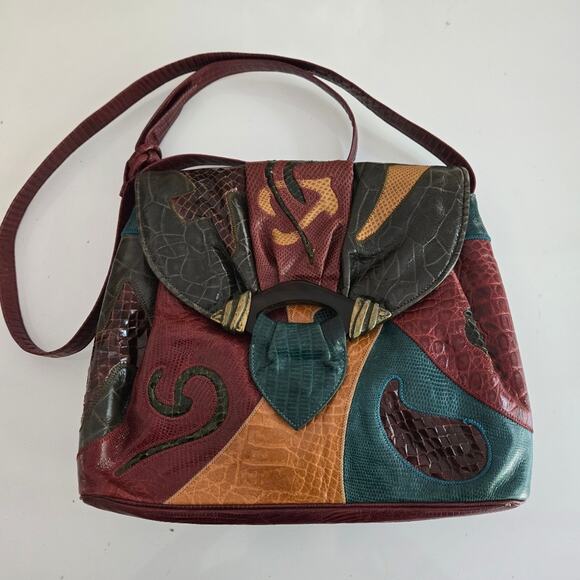 Vintage Sharif Leather Mixed Media Jewel Tone Reptile Embossed Crossbody Bag - Picture 1 of 10